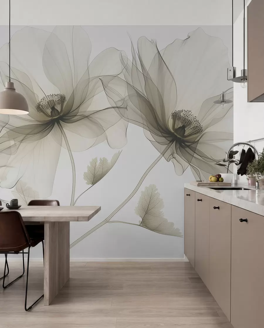 Fotobehang Bruine transparante bloem in röntgenstijl op witte achtergrond Minimalistisch monochroom botanisch ontwerp w01482v2