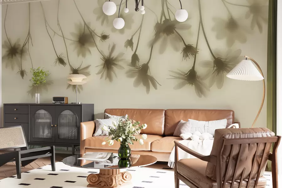 Fotobehang Tedere bloemen in de mist hangend van boven in pastelkleuren w01469v1