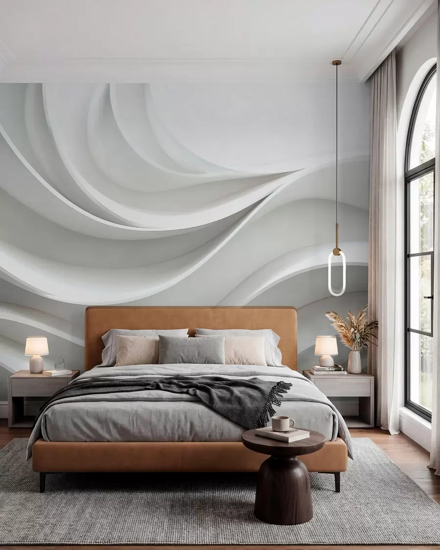 Fotobehang Witte 3D volumetrische abstracte golfvorm w01471