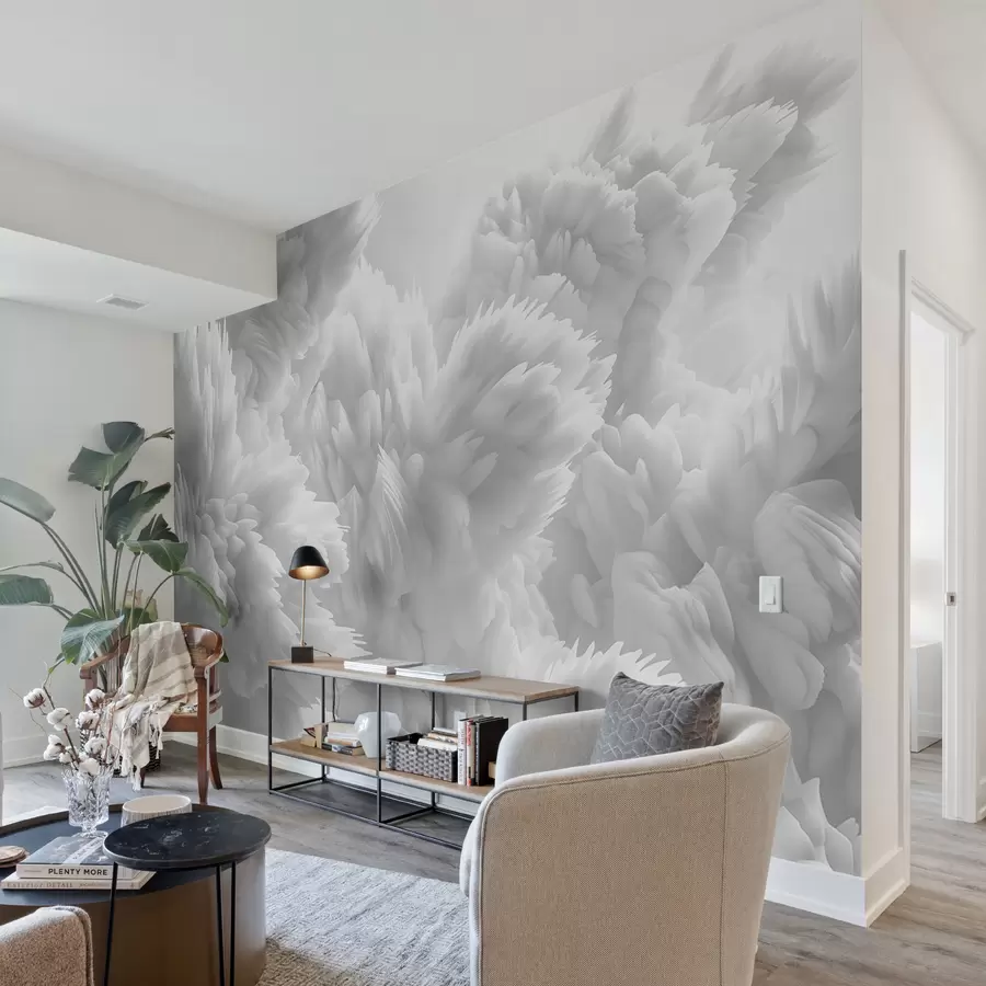 Fotobehang Abstracte compositie van sneeuwkristallen in een gelaagd verenpatroon in een etherische atmosfeer w01474