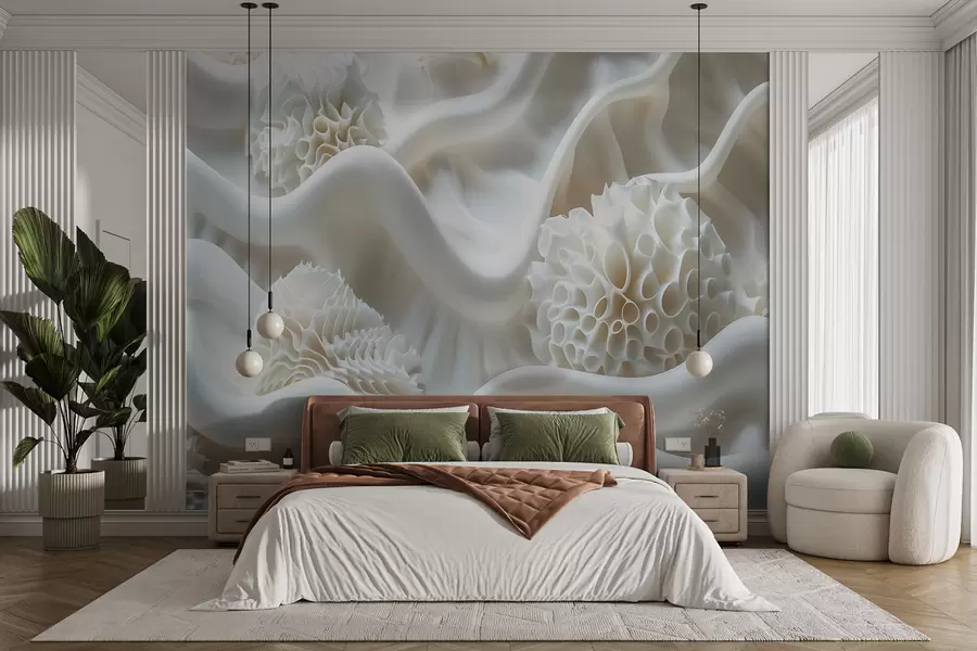 Fotobehang Abstracte golvende achtergrond van witte vormen in 3D-stijl w01475