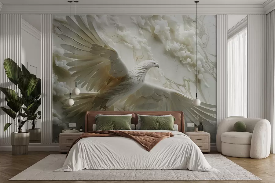 Fotobehang 3D witte adelaar op een achtergrond van wolken en marmer w01477