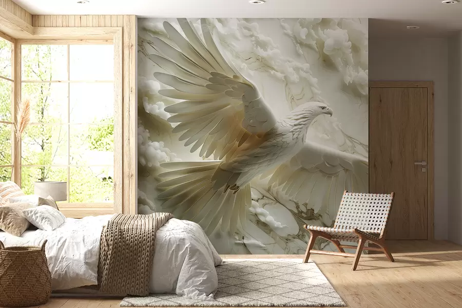 Fotobehang 3D witte adelaar op een achtergrond van wolken en marmer w01477