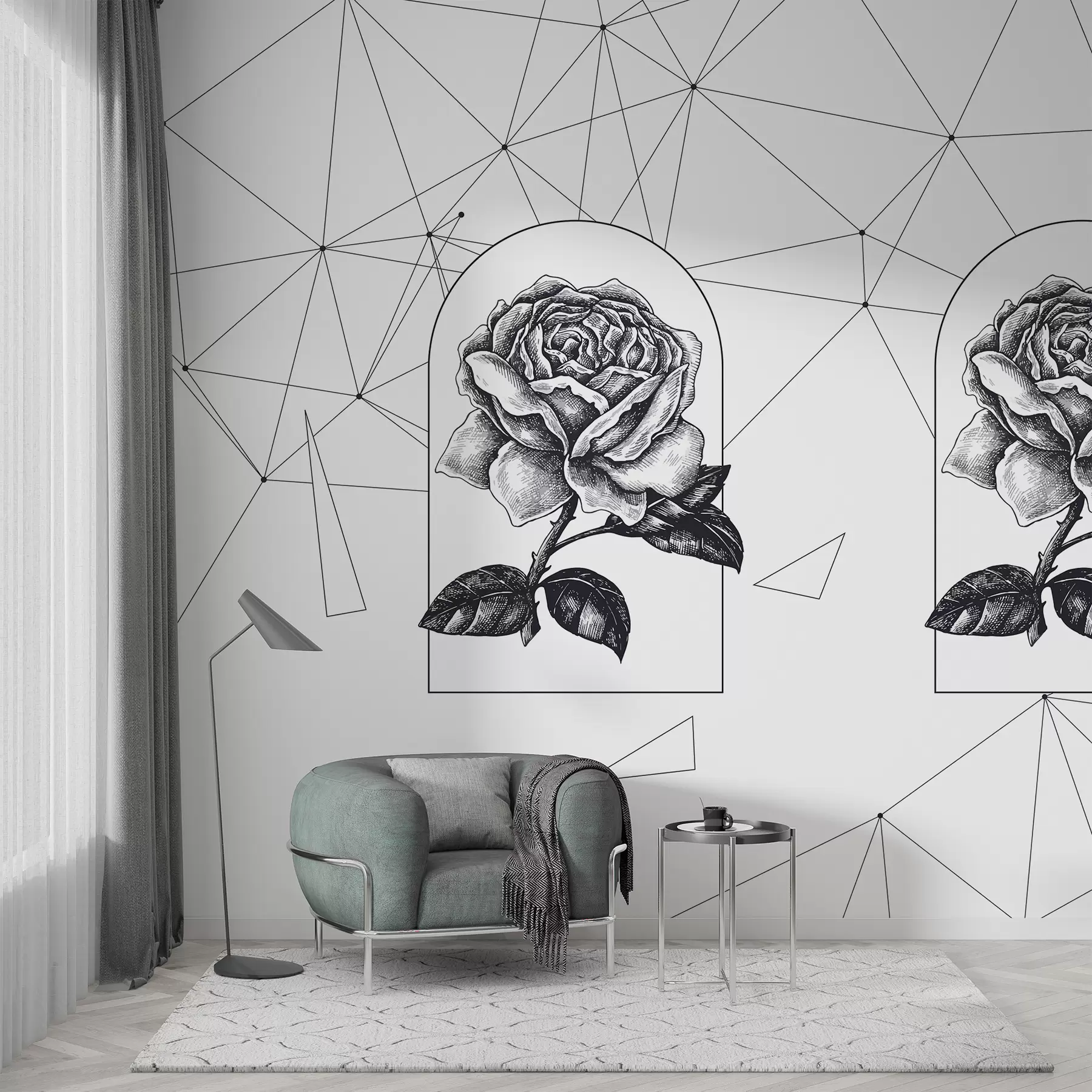 Fotobehang Zwarte rozen op een witte achtergrond. Minimalistisch zwart-wit behang met zwarte rozen in bogen en abstracte low-poly lijnen. w00988