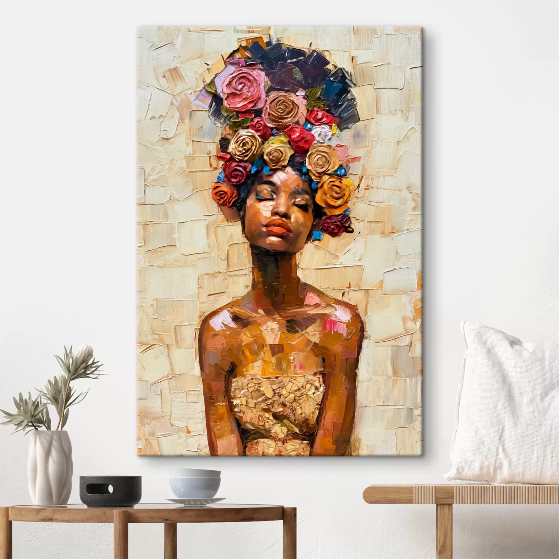  Schilderijen Mooi Afrikaans vrouwenmodel met bloemen s40508