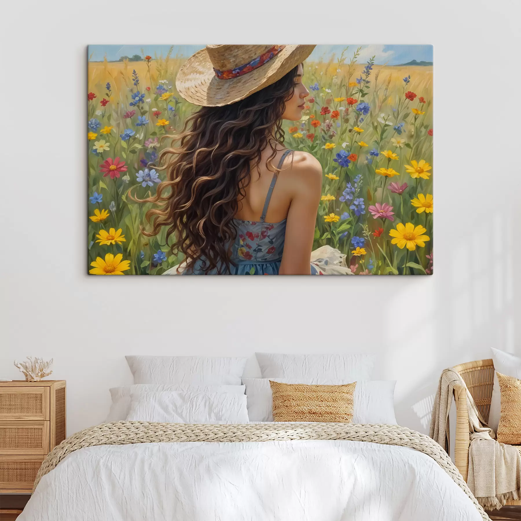  Schilderijen Een jonge vrouw met krullend haar, een strohoed en een bloemenjurk, staat in een veld vol wilde bloemen s40560