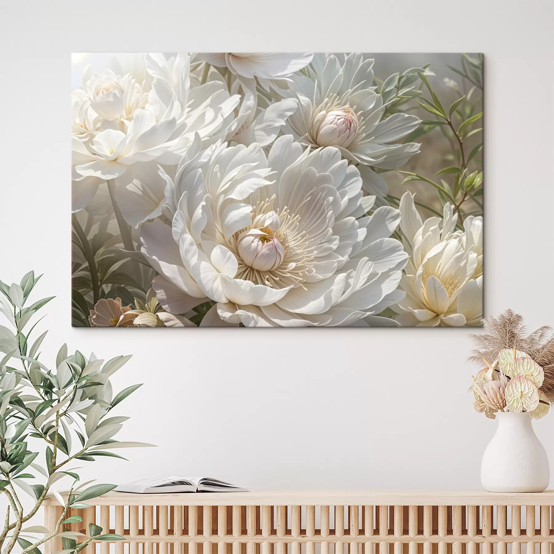 Fotobehang Een close-up van verschillende grote, witte pioenrozenbloemen met zachte, delicate bloemblaadjes en lichtgele centra s40575