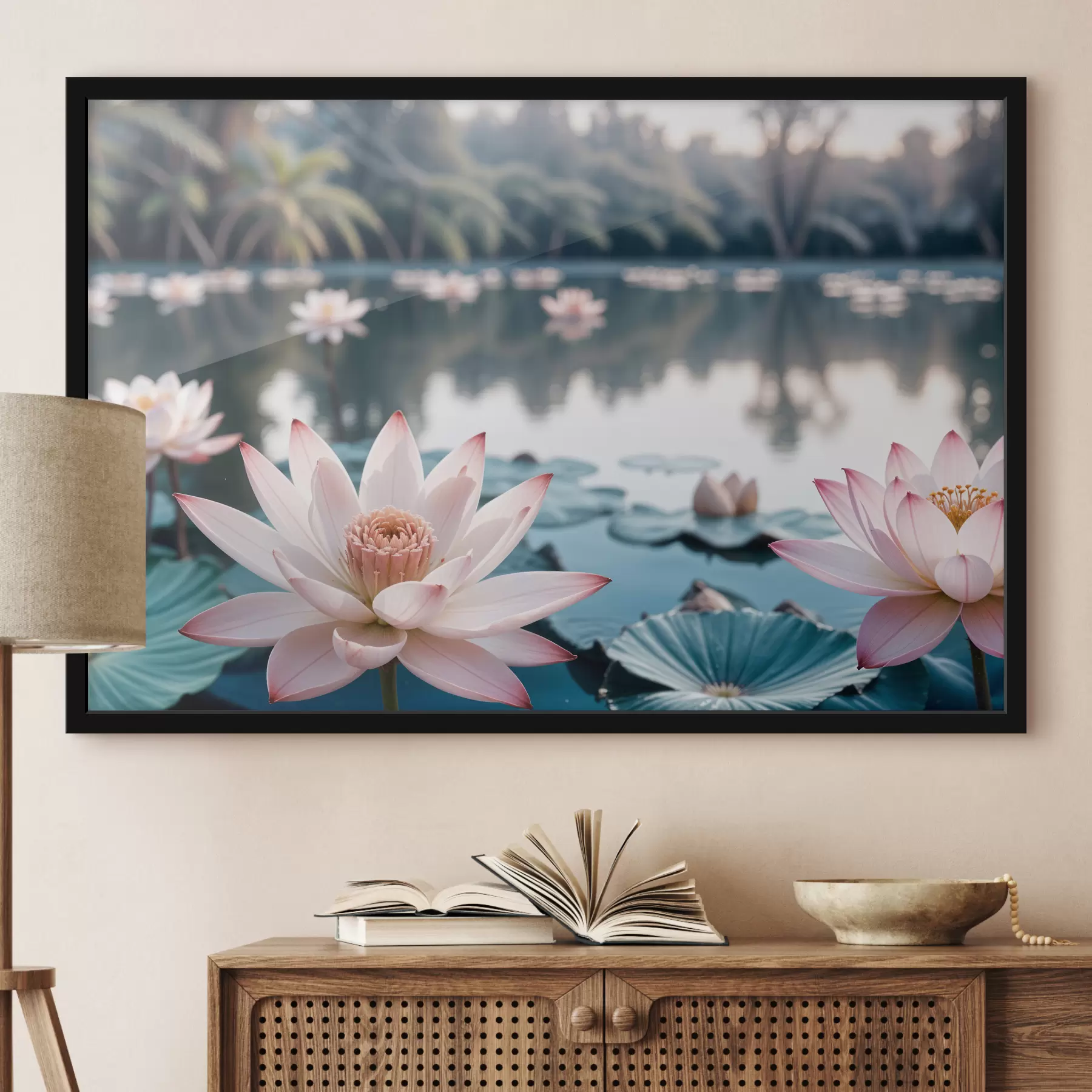 Fotobehang Een vijver met roze lotusbloemen die op het oppervlak drijven, omgeven door weelderig groen en palmbomen f40555