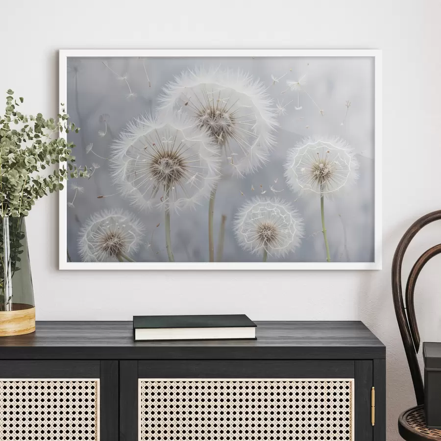 Fotobehang Witte paardenbloembloemen met pluizige zaden tegen een wazige grijze achtergrond f40556