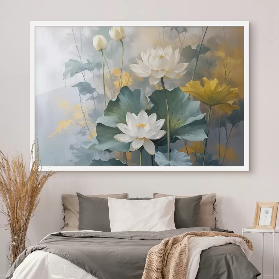 Fotobehang Witte lotusbloemen in een vijver met groene waterlelies, omringd door gele bloemen en een wazige achtergrond f40559