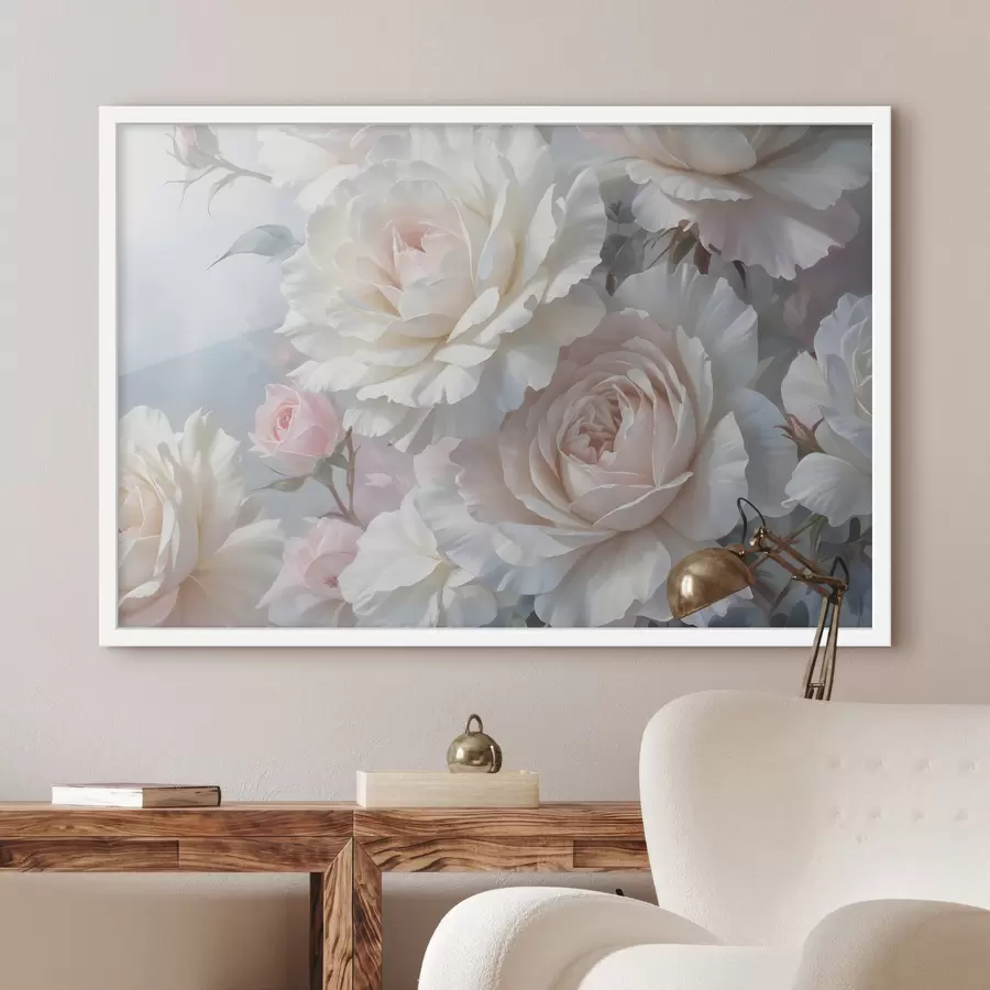 Fotobehang Zachte, delicate witte en roze rozen met wazige achtergrond f40562