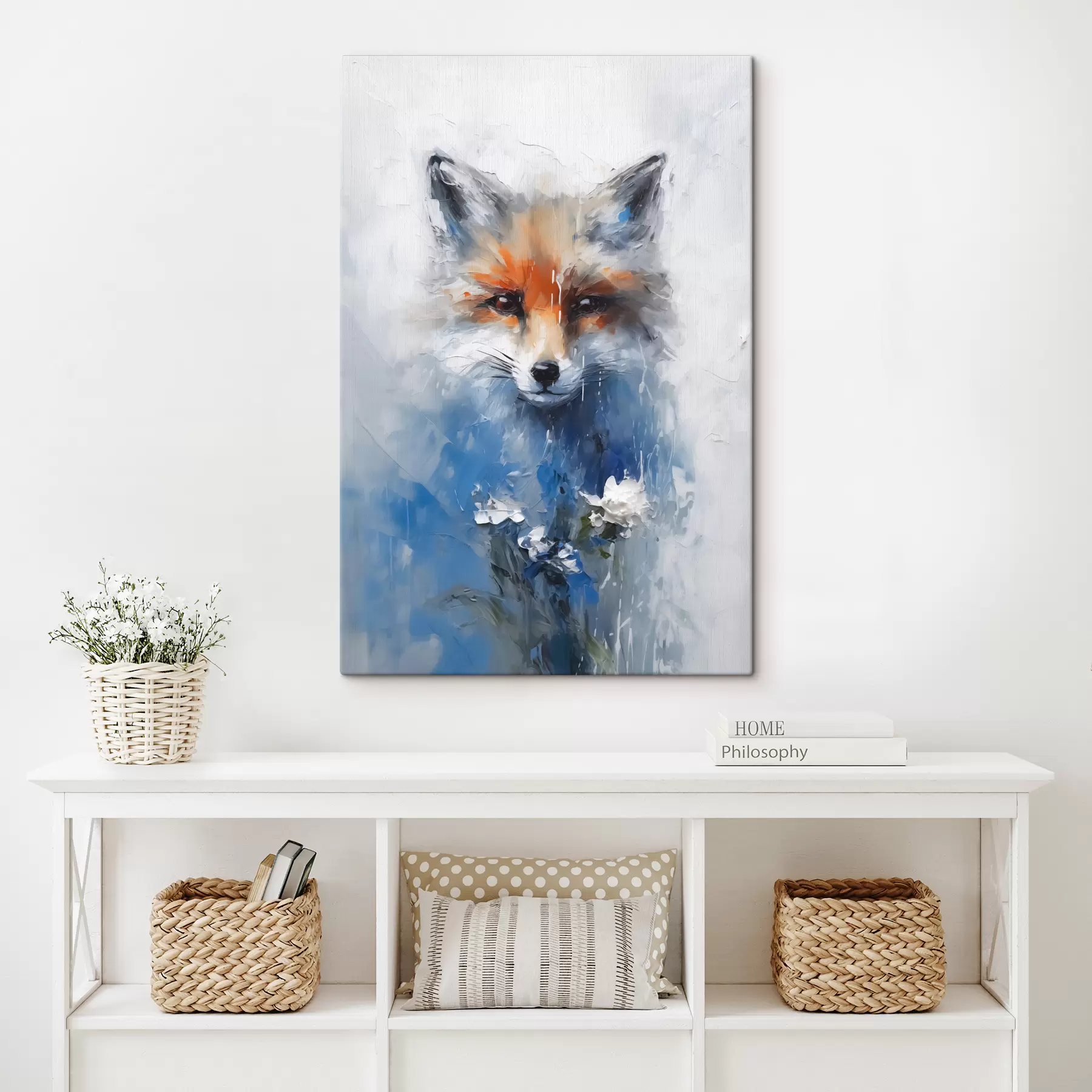 Fotobehang Abstract portret van een vos in blauwe verfvlekken s40524