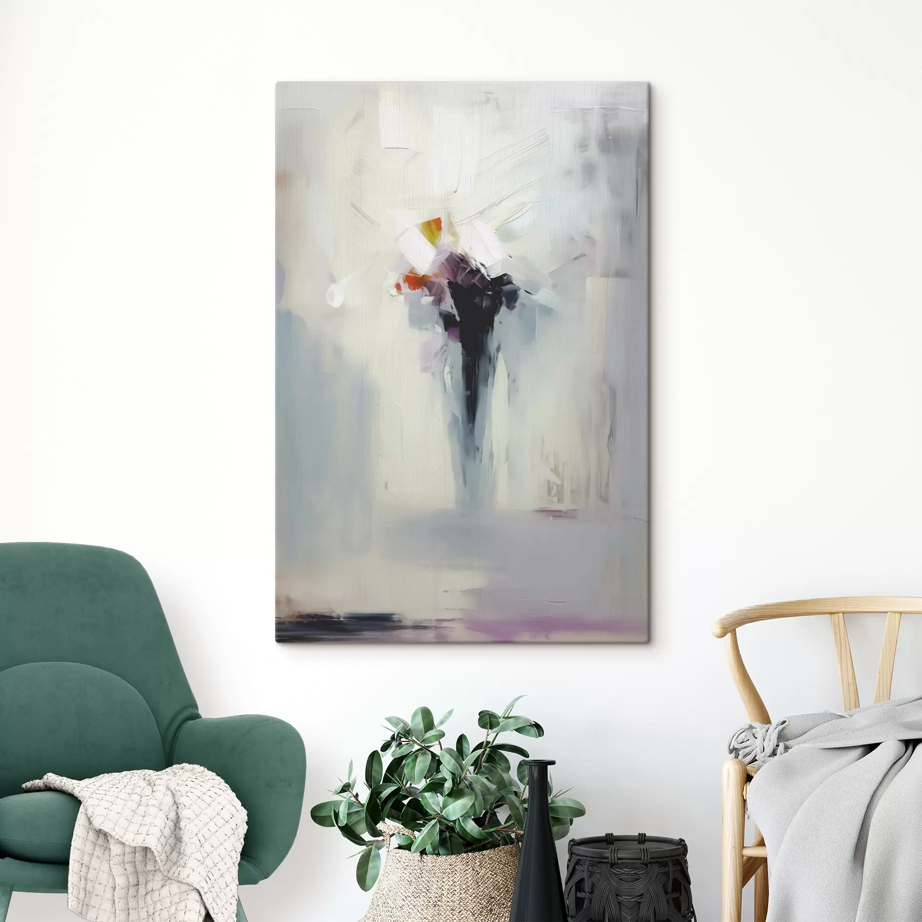 Fotobehang Astrale abstractie zwarte vlek op witgrijze achtergrond, imitatie van penseelstreken s40526