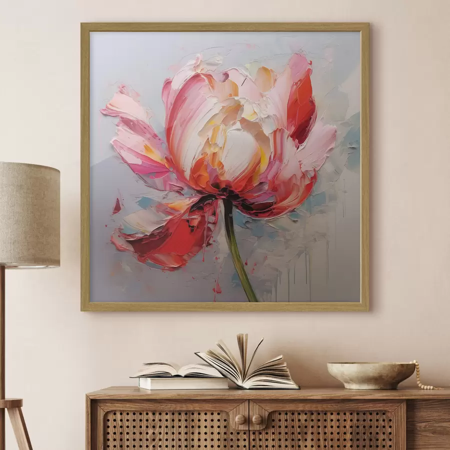 Fotobehang Bloeiende tulp, rood, roze, grijze kleur f40519