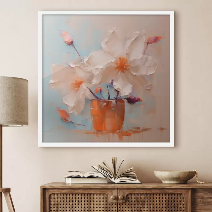 Fotobehang Narcissen in een vaas, wit, oranje, beige, blauw f40520