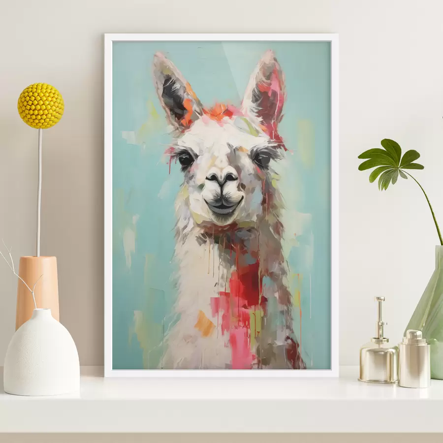 Fotobehang Witte lama met verfvlekken op pastelblauwgrijze achtergrond f40523