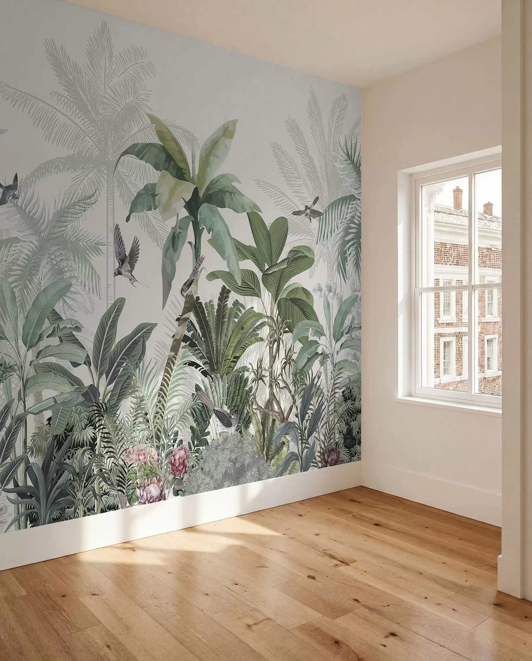 Fotobehang Een weelderig tropisch junglelandschap met verschillende palmbomen, grote bladeren en kleurrijke bloemen op de voorgrond w08239