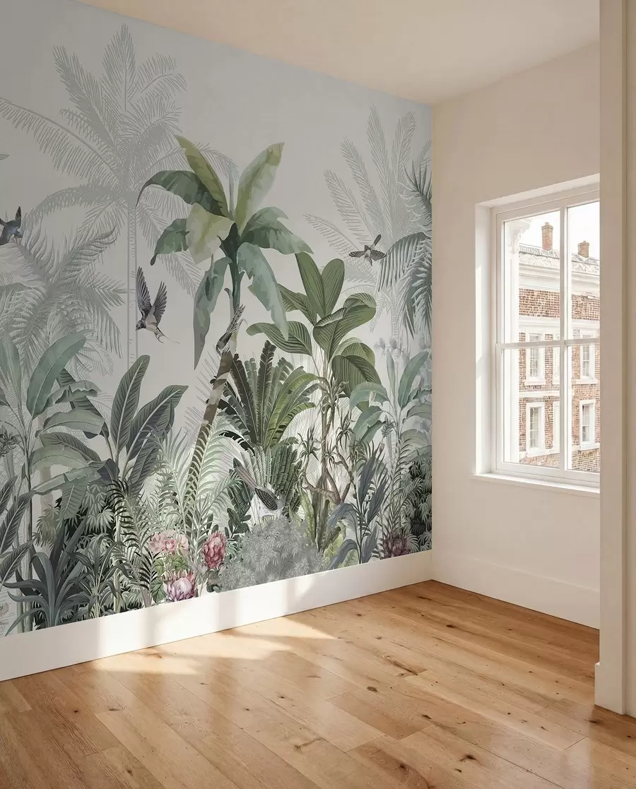 Fotobehang Een weelderig tropisch junglelandschap met verschillende palmbomen, grote bladeren en kleurrijke bloemen op de voorgrond w08239