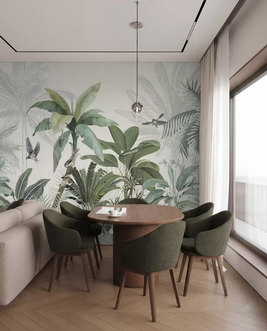 Fotobehang Een weelderig tropisch junglelandschap met verschillende palmbomen, grote bladeren en kleurrijke bloemen op de voorgrond w08239