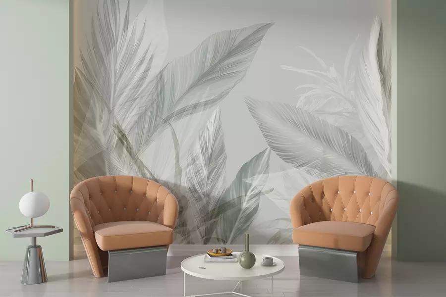 Fotobehang Zachte witte, groene en grijze veren en tropische bladeren zweven tegen een lichte achtergrond w08241