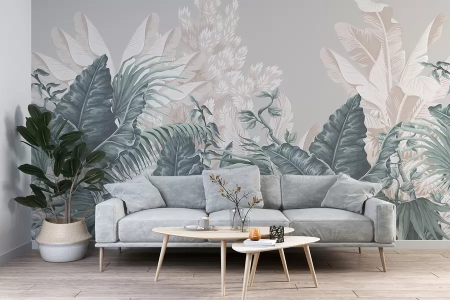 Fotobehang Een tropisch junglelandschap met grote groene bladeren en bloemen op de voorgrond, waardoor een weelderige sfeer ontstaat w08242