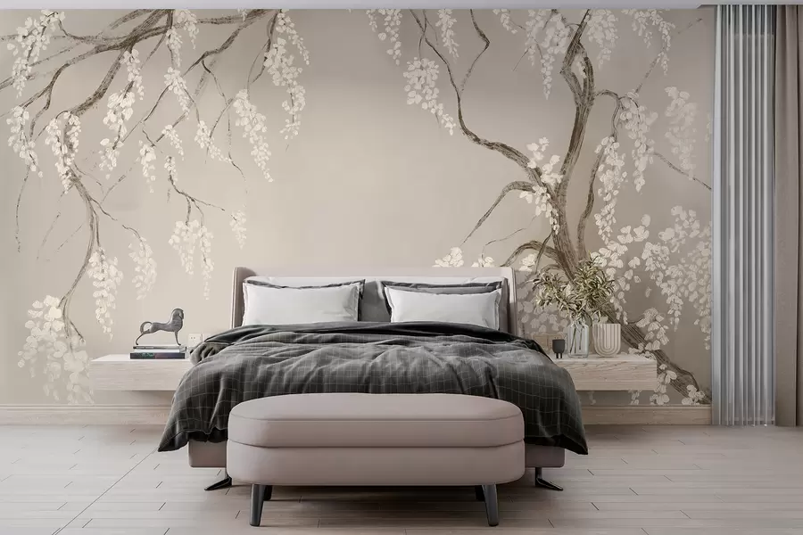 Fotobehang Delicate witte kersenboom met bloeiende bloemen op takken tegen beige achtergrond w08243