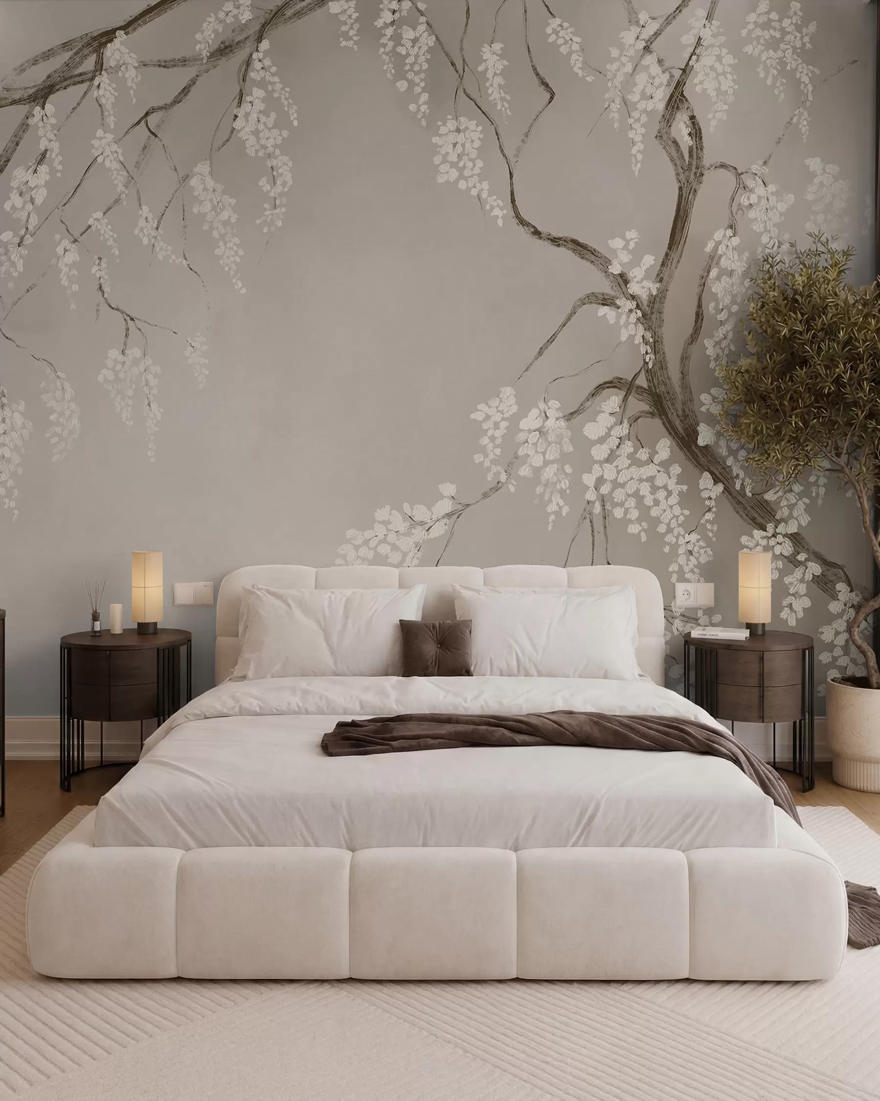 Fotobehang Delicate witte kersenboom met bloeiende bloemen op takken tegen beige achtergrond w08243
