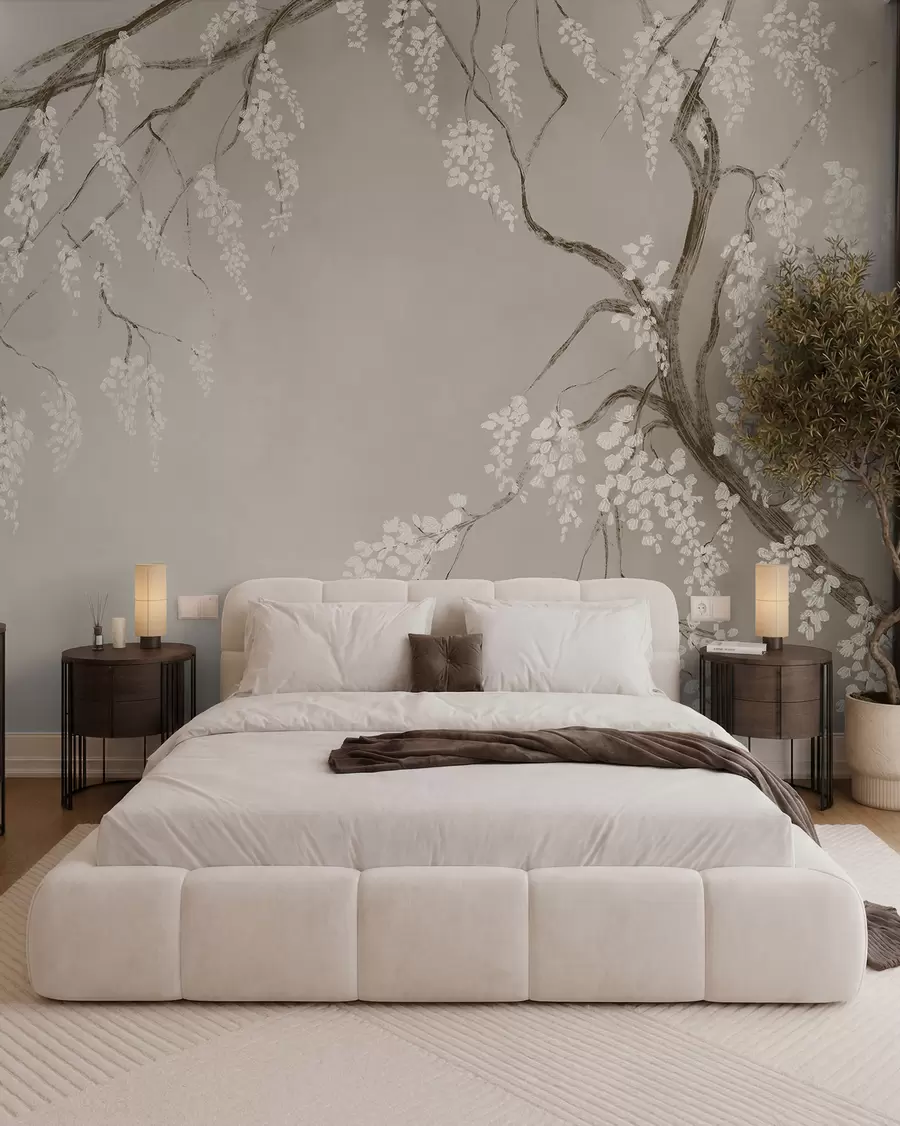 Fotobehang Delicate witte kersenboom met bloeiende bloemen op takken tegen beige achtergrond w08243