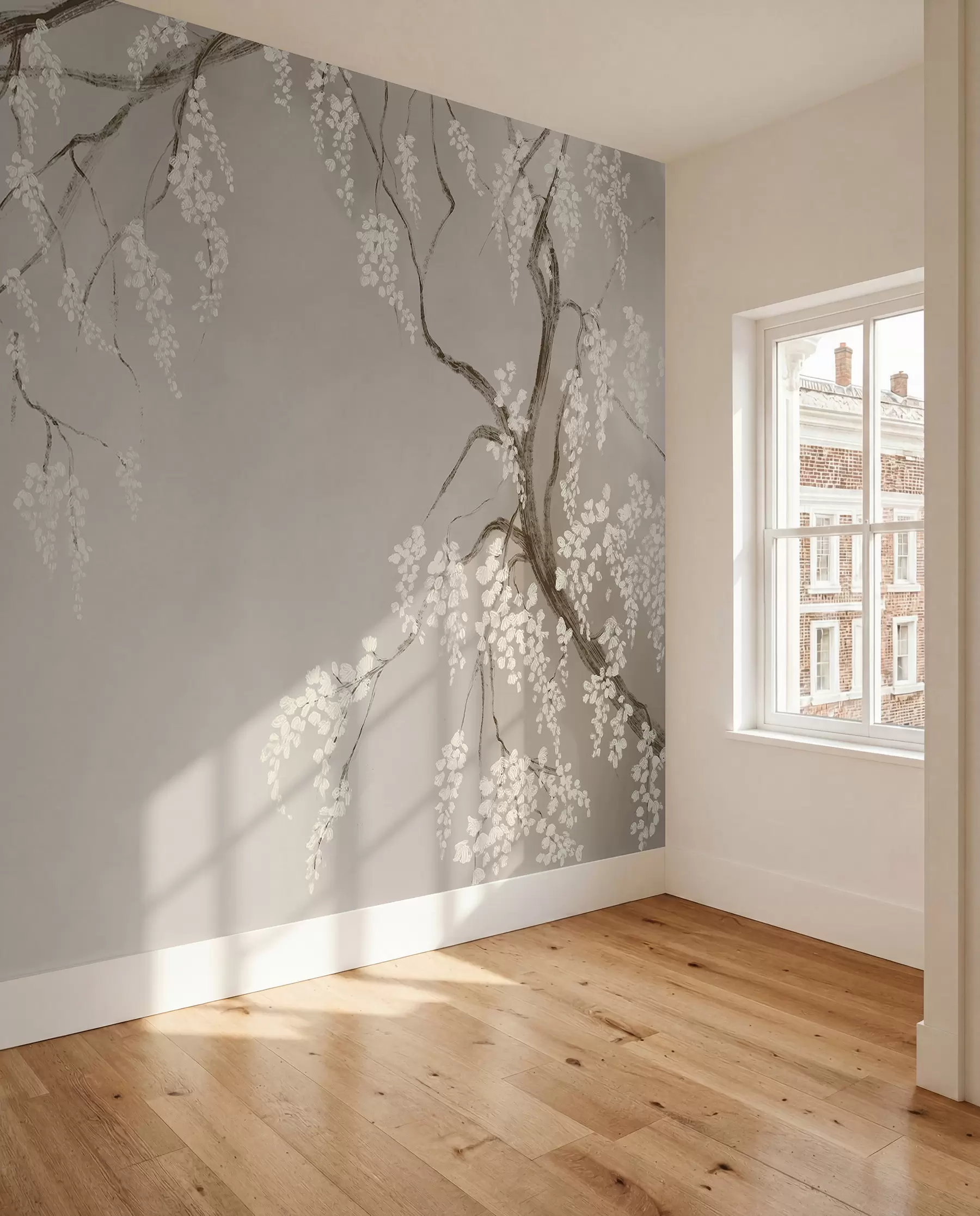 Fotobehang Delicate witte kersenboom met bloeiende bloemen op takken tegen beige achtergrond w08243
