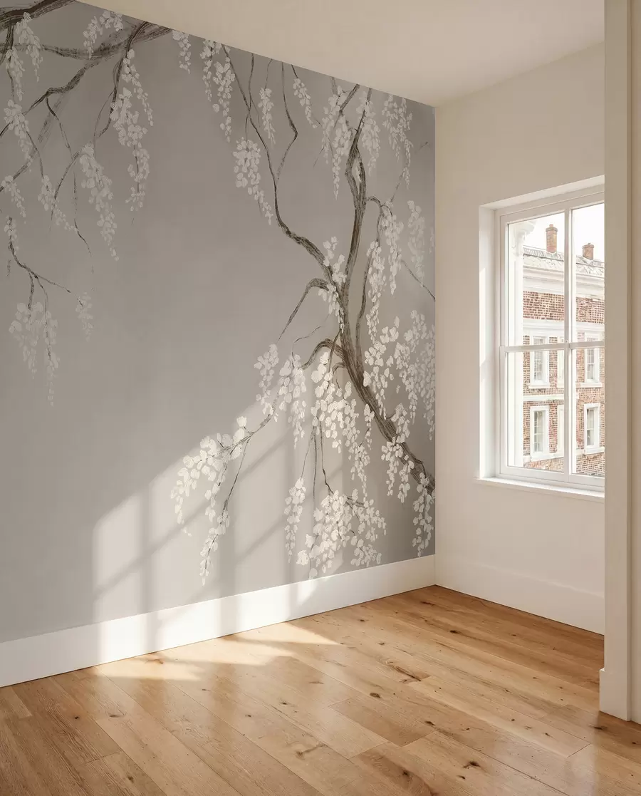 Fotobehang Delicate witte kersenboom met bloeiende bloemen op takken tegen beige achtergrond w08243