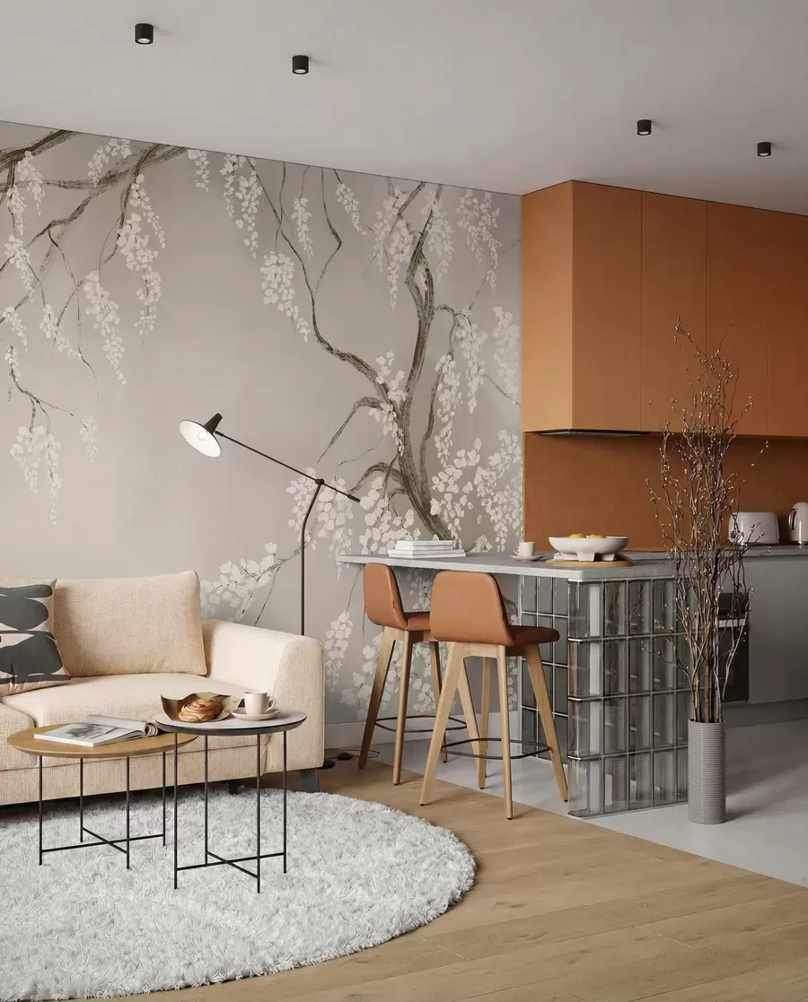 Fotobehang Delicate witte kersenboom met bloeiende bloemen op takken tegen beige achtergrond w08243