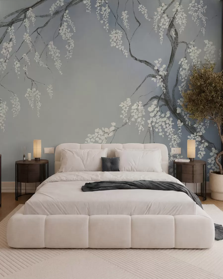 Fotobehang Delicate witte kersenboom met bloeiende bloemen op takken tegen een blauwe achtergrond w08243v1