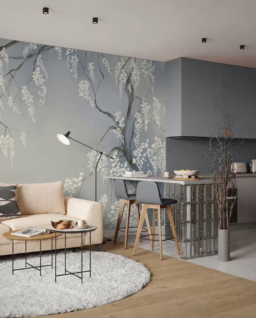 Fotobehang Delicate witte kersenboom met bloeiende bloemen op takken tegen een blauwe achtergrond w08243v1