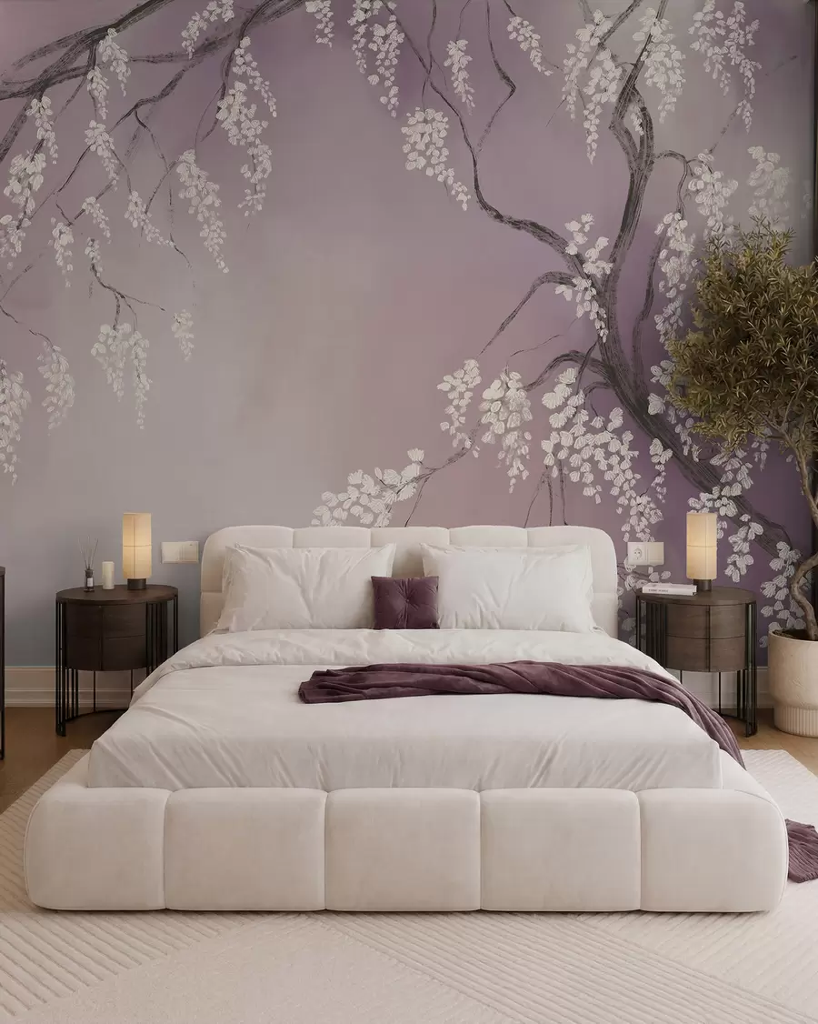 Fotobehang Delicate witte kersenboom met bloeiende bloemen op takken tegen een roze achtergrond w08243v2