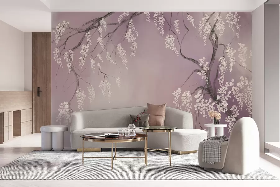 Fotobehang Delicate witte kersenboom met bloeiende bloemen op takken tegen een roze achtergrond w08243v2