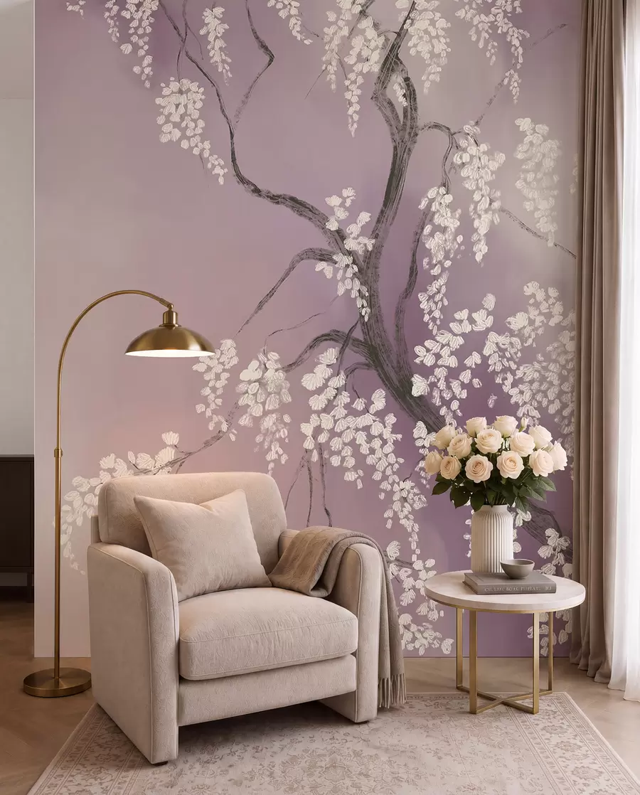 Fotobehang Delicate witte kersenboom met bloeiende bloemen op takken tegen een roze achtergrond w08243v2