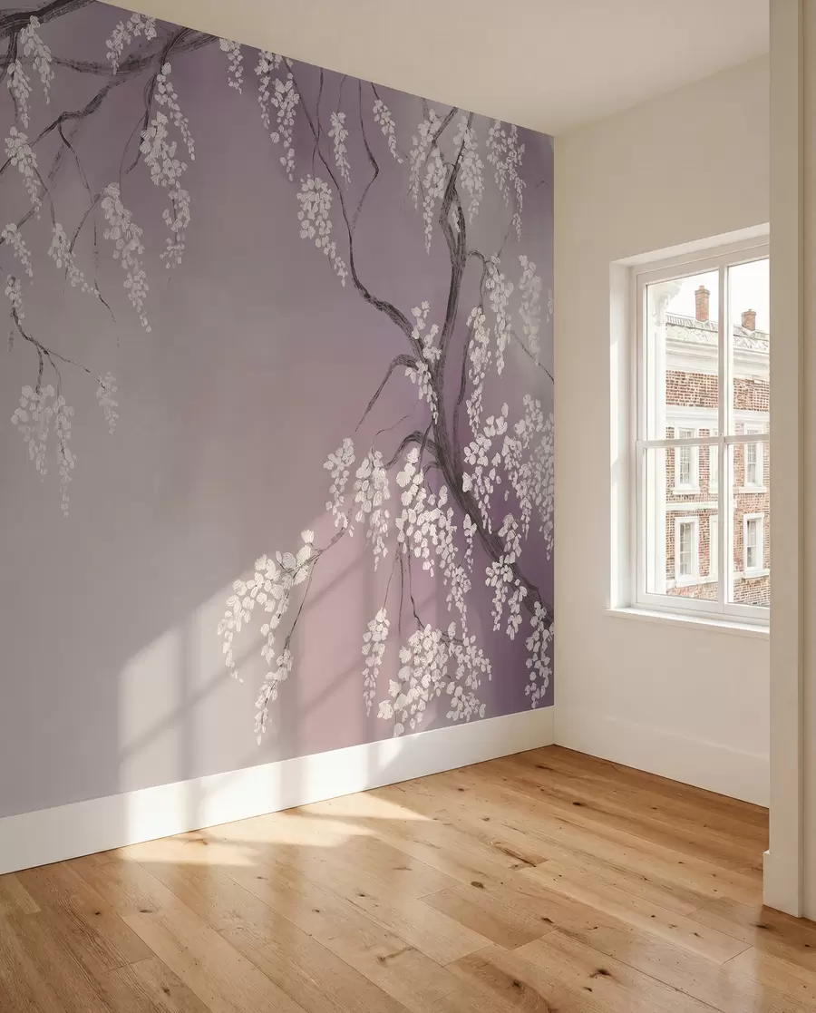 Fotobehang Delicate witte kersenboom met bloeiende bloemen op takken tegen een roze achtergrond w08243v2