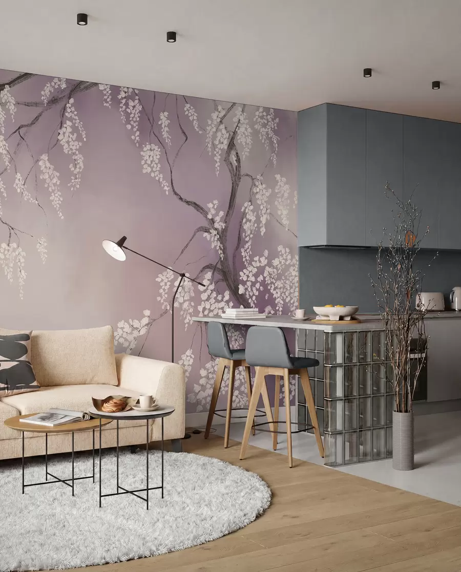 Fotobehang Delicate witte kersenboom met bloeiende bloemen op takken tegen een roze achtergrond w08243v2