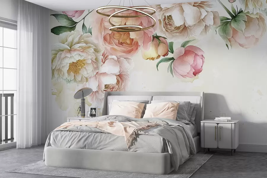 Fotobehang Delicate roze en witte pioenrozen met weelderige groene bladeren tegen een lichte aquarelachtergrond w08248