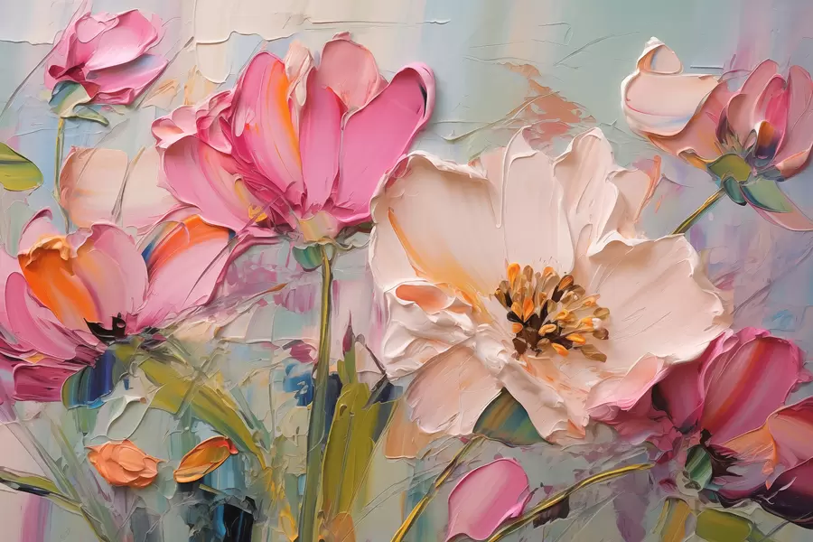 Fotobehang Felroze bloemen op een lichtblauwgrijze achtergrond w01039