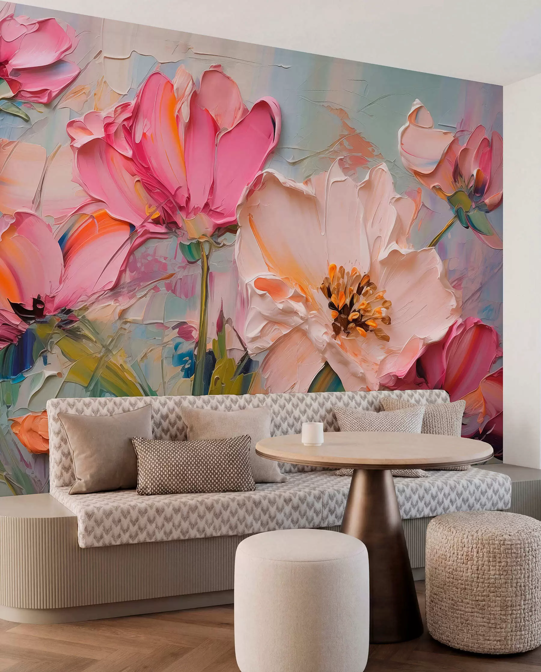 Fotobehang Felroze bloemen op een lichtblauwgrijze achtergrond w01039