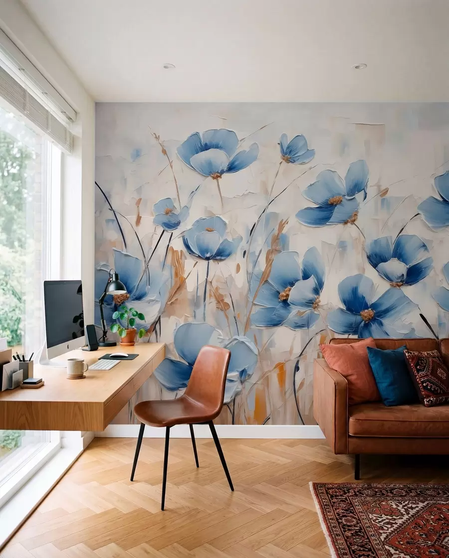 Fotobehang Blauwe bloemen in penseelwerk w01045