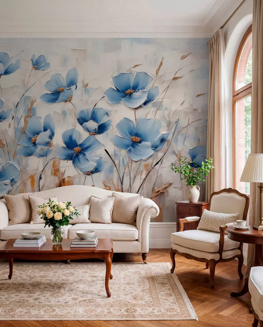 Fotobehang Blauwe bloemen in penseelwerk w01045