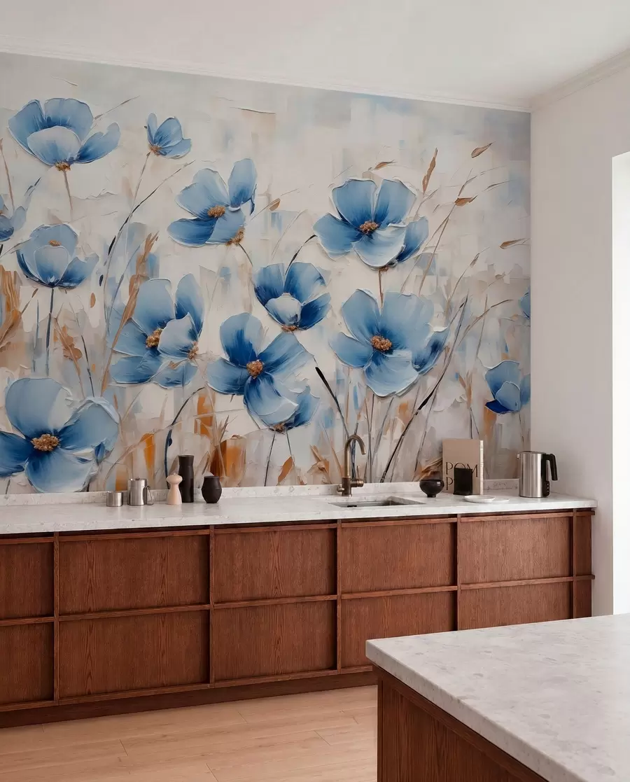 Fotobehang Blauwe bloemen op abstracte achtergrond, imitatie van olieverfstreken w01045