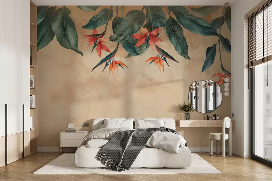 Fotobehang Tropische bloei op beige aquarelachtergrond w01485