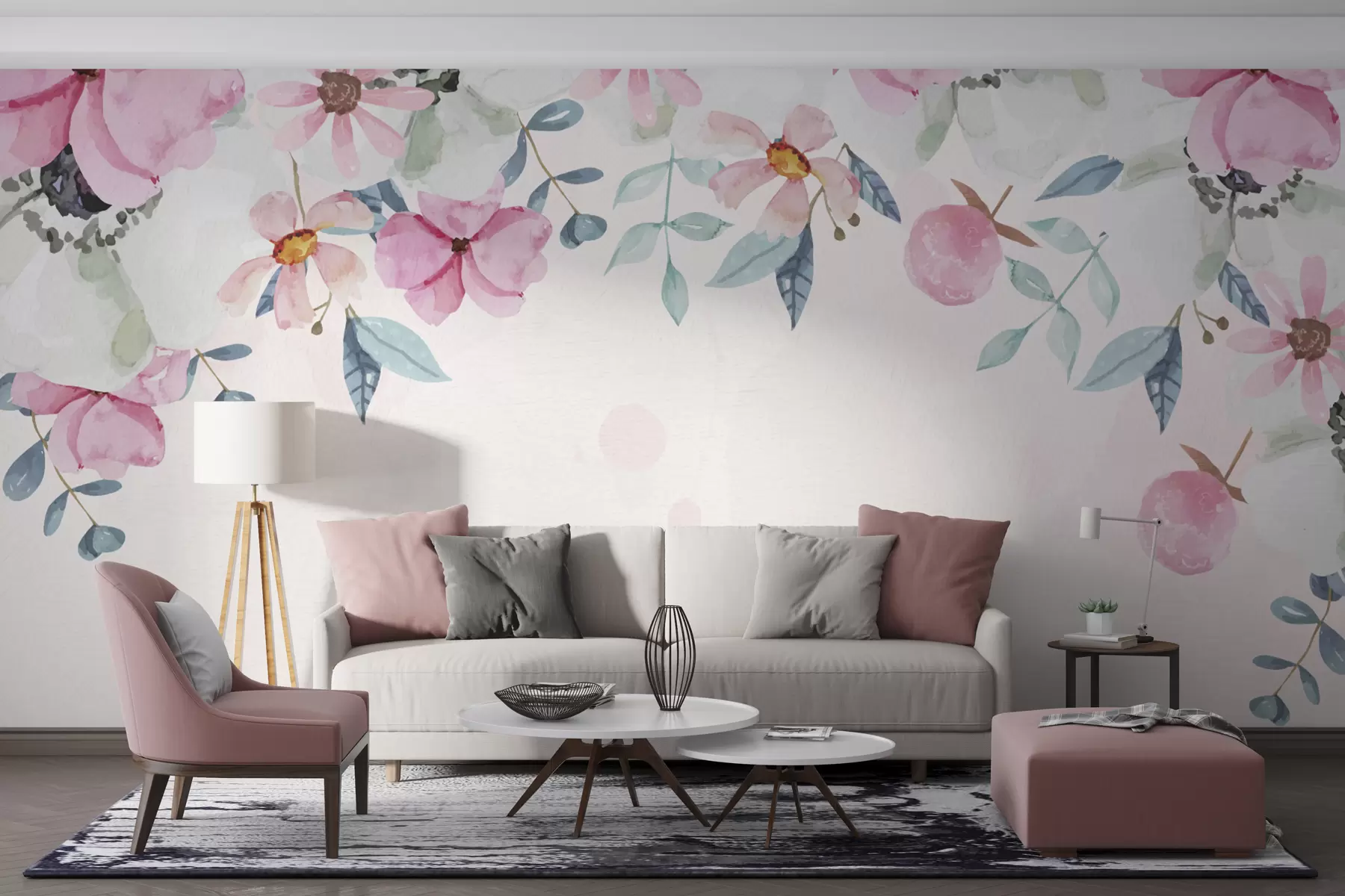 Fotobehang grote bloemen, bloemen van bovenaf, wilde bloemen, aquarel w01034