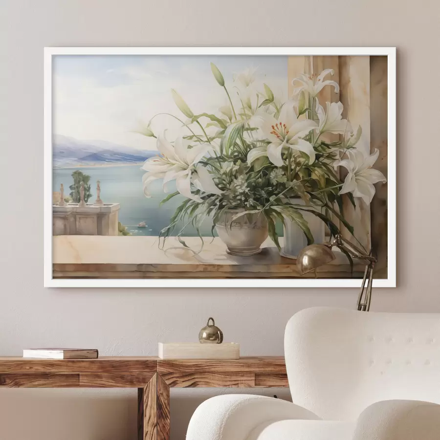 Fotobehang Witte lelies in een vaas op een balkon met uitzicht op zee en bergen aquarel f40682