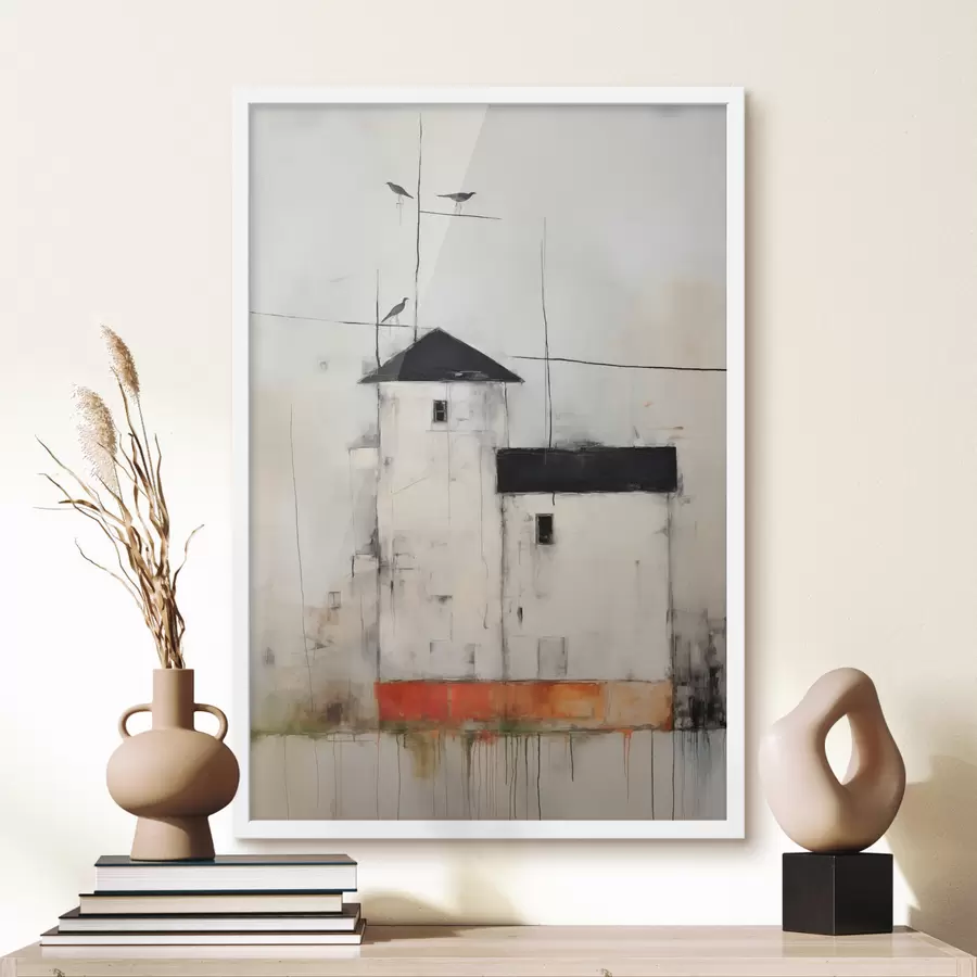 Fotobehang Witte huizen met zwarte daken beschilderd met textuur van krassen en schaafplekken van vuil f40685