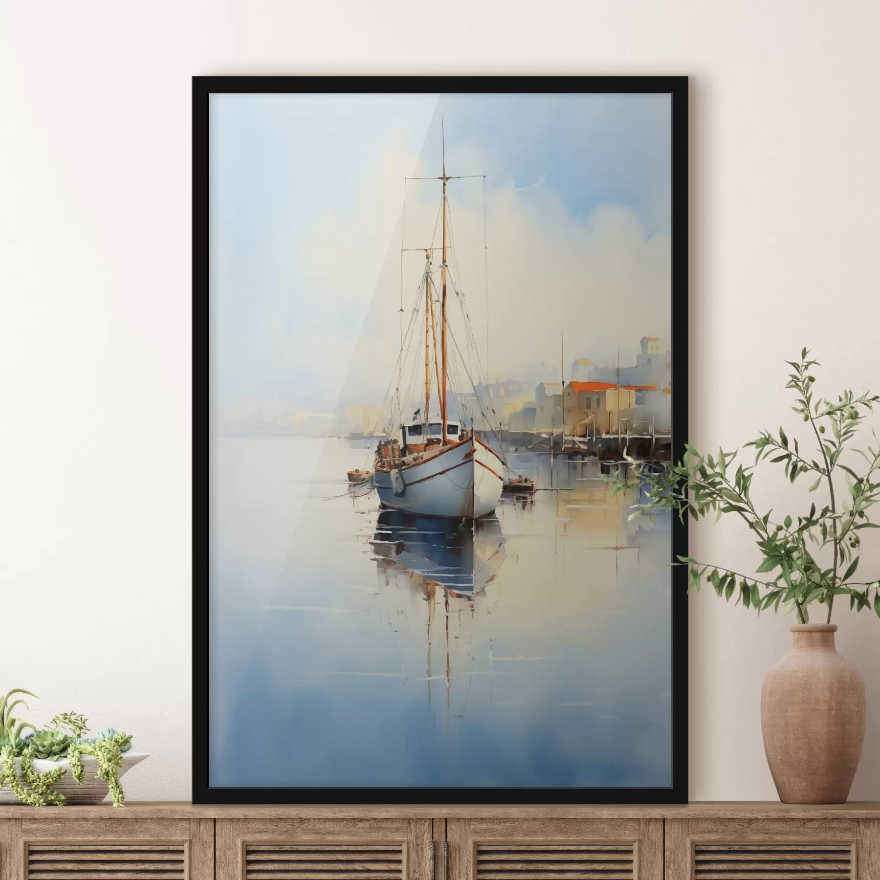  Schilderijen Vissersboot bij de pier op zee nat aquarel f40688
