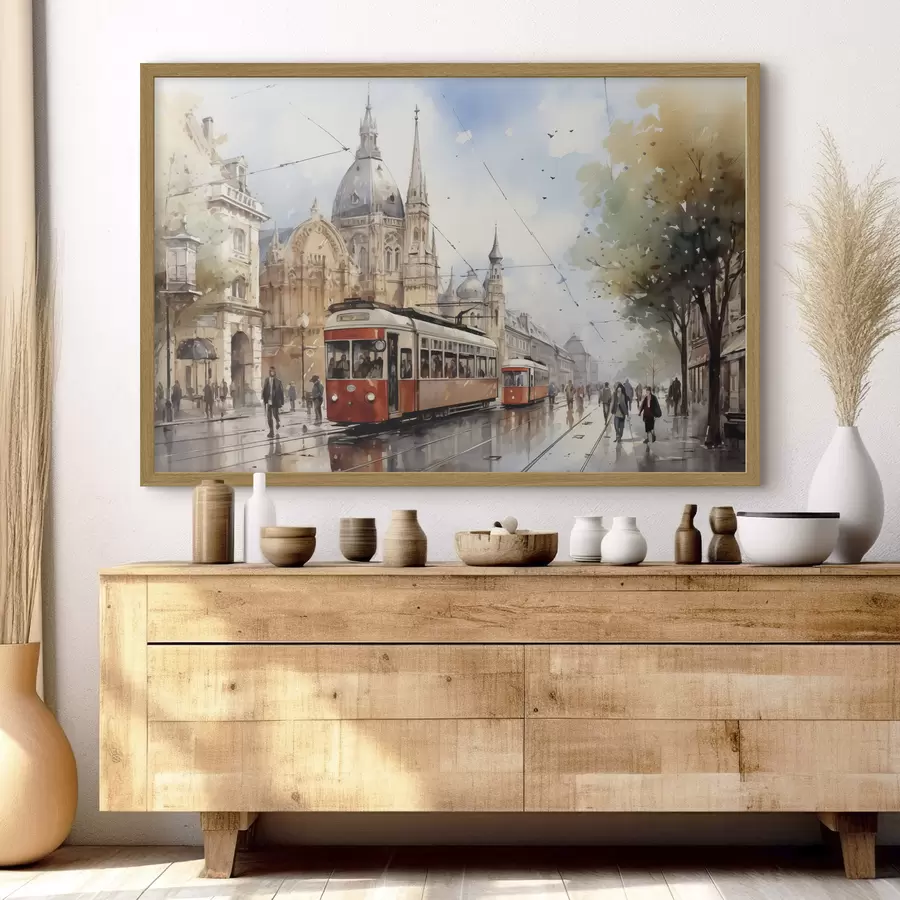 Fotobehang Rode tram in de straat van Wenen aquarel f40732